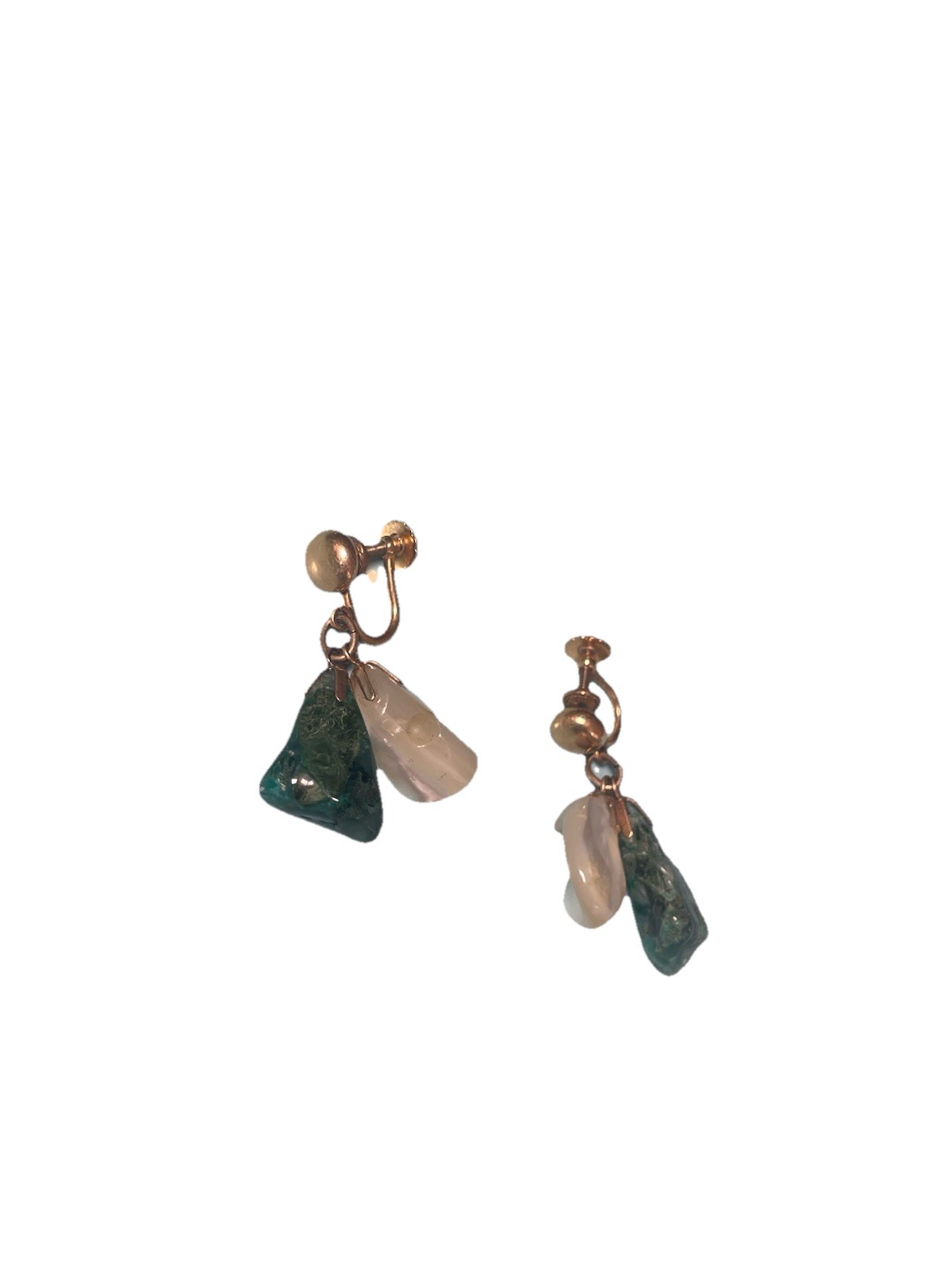 Vintage 1/20 12K GF Screw Back Earrings Baroque Pearl Green Stone Dangle Earring
