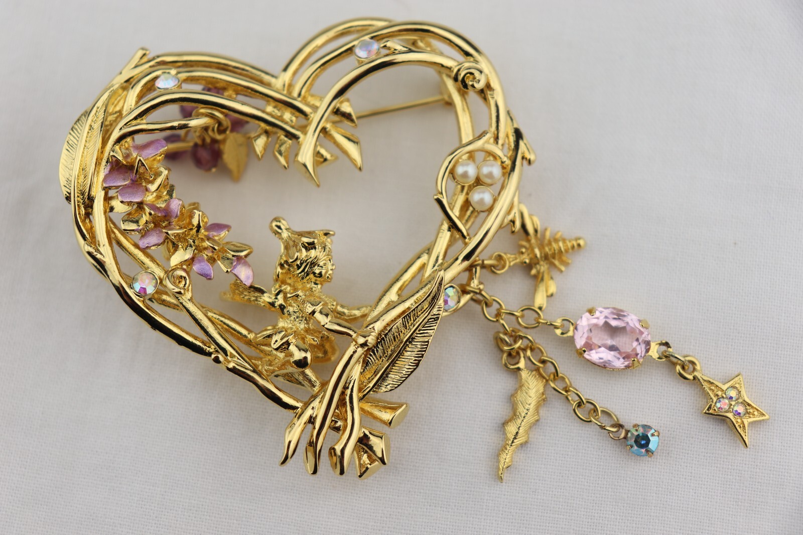 Vintage Kirks Folly Gold Tone Wisteria Heart Wood Fairy Rhinestone Pin Brooch