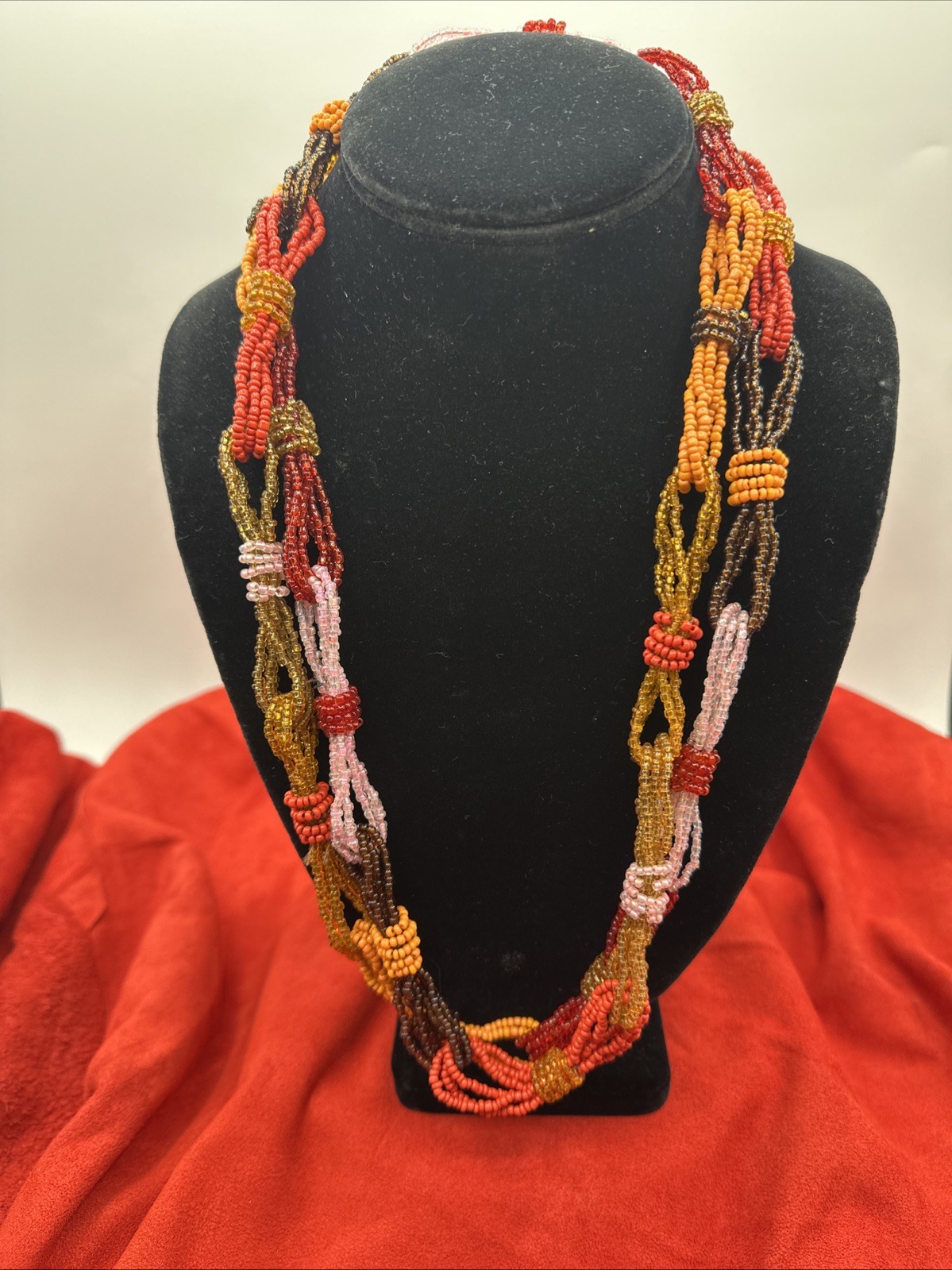 Vtg Sunset Palette Colors Hand beaded Long Necklace. See pics.