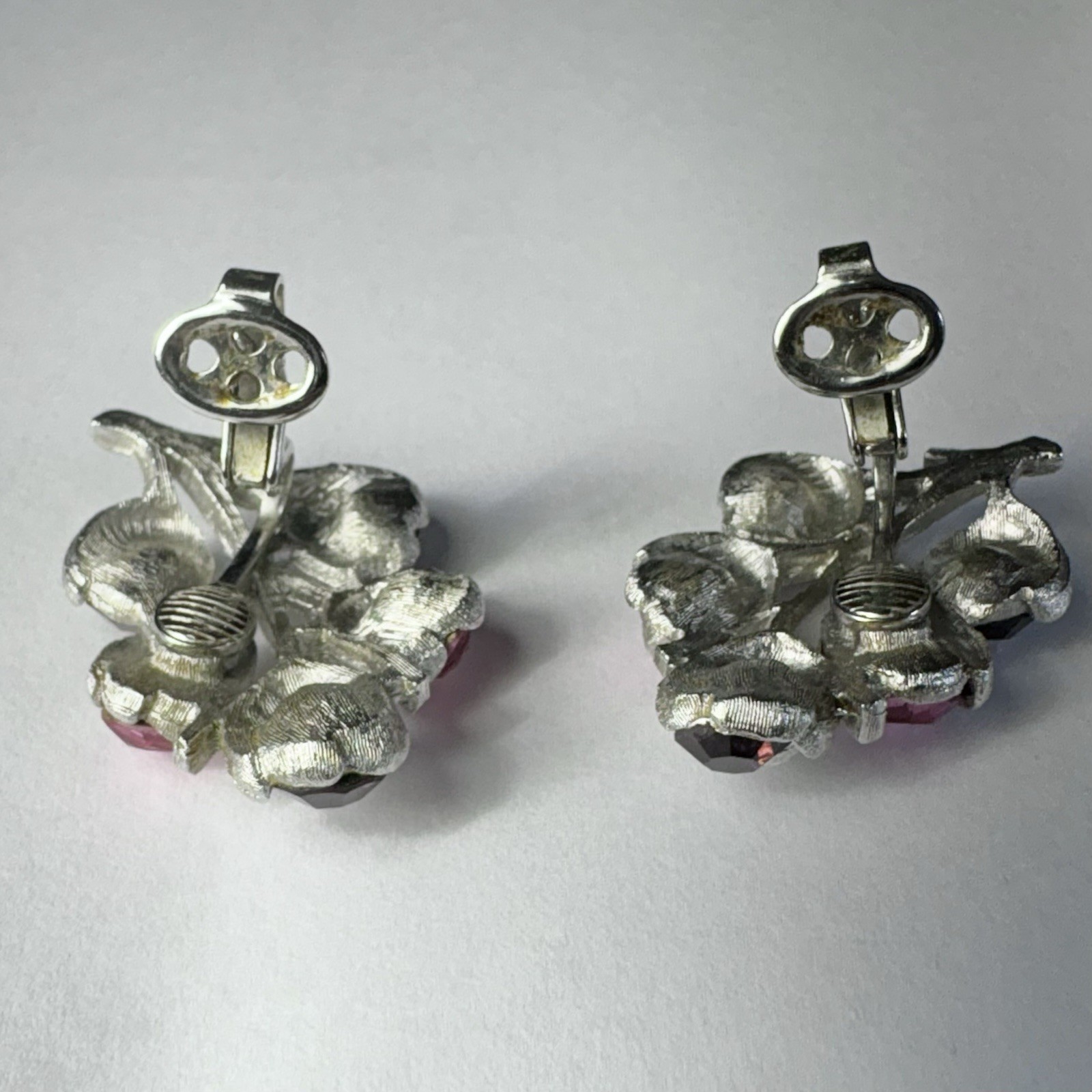 Vtg Sarah Coventry Wisteria Clip Earrings Set Pink Purple Rhinestone Silver Tone