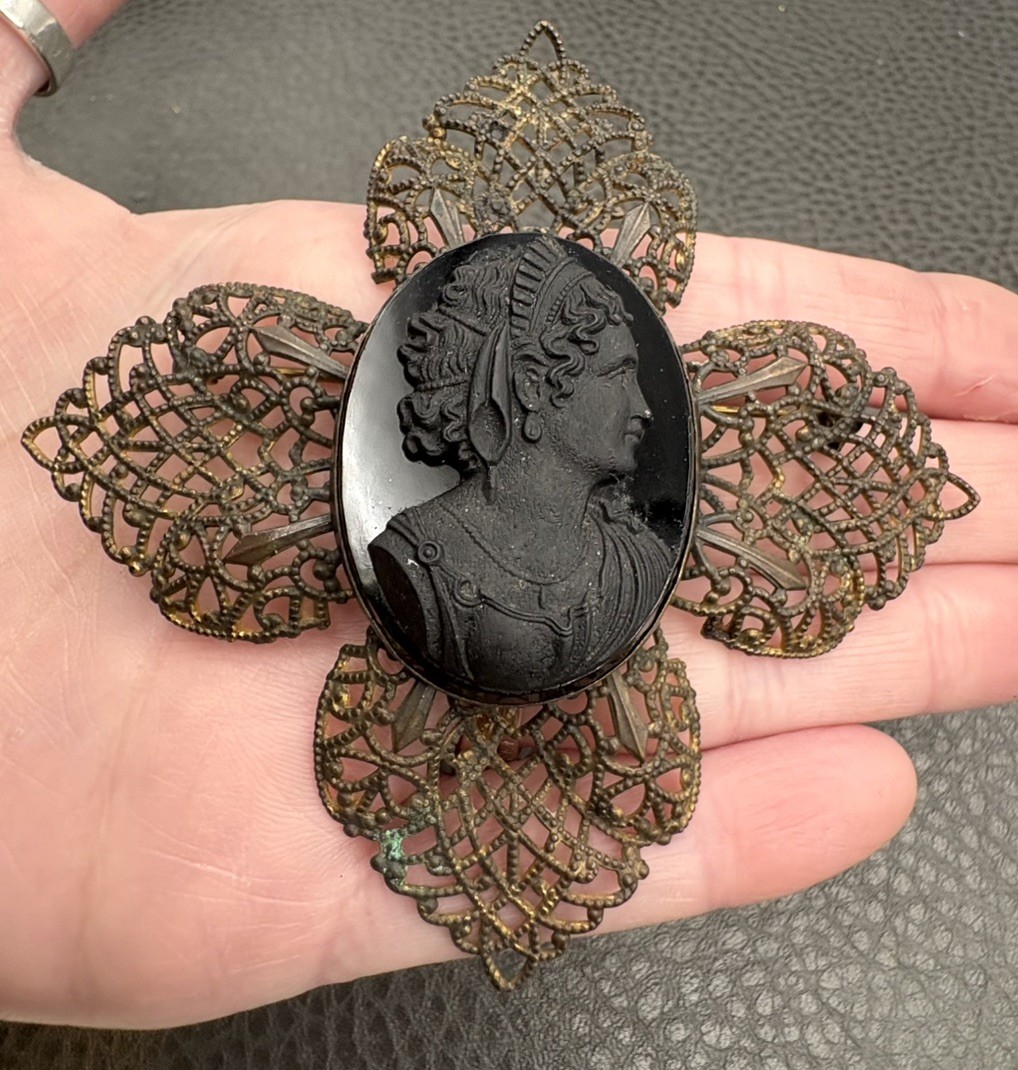 Vintage HUGE MASSIVE Victorian Style Mourning Unique Black Cameo Cross Brooch