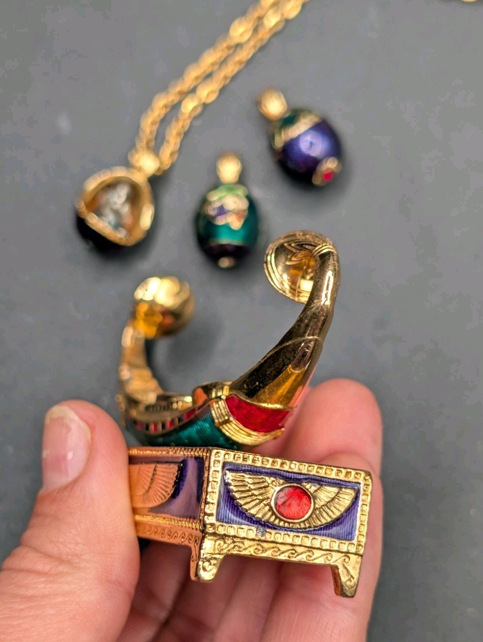 Vtg Edgar Berebi Limited Edition Egyptian Revival Eggs Boat Of Symbols Necklace