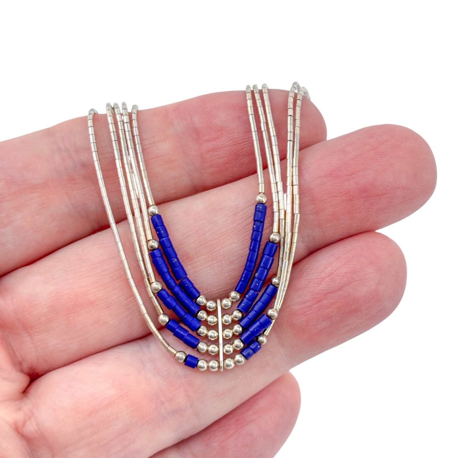 Vintage Sterling Liquid Silver 925 Lapis Lazuli Beaded Necklace | 16.5″