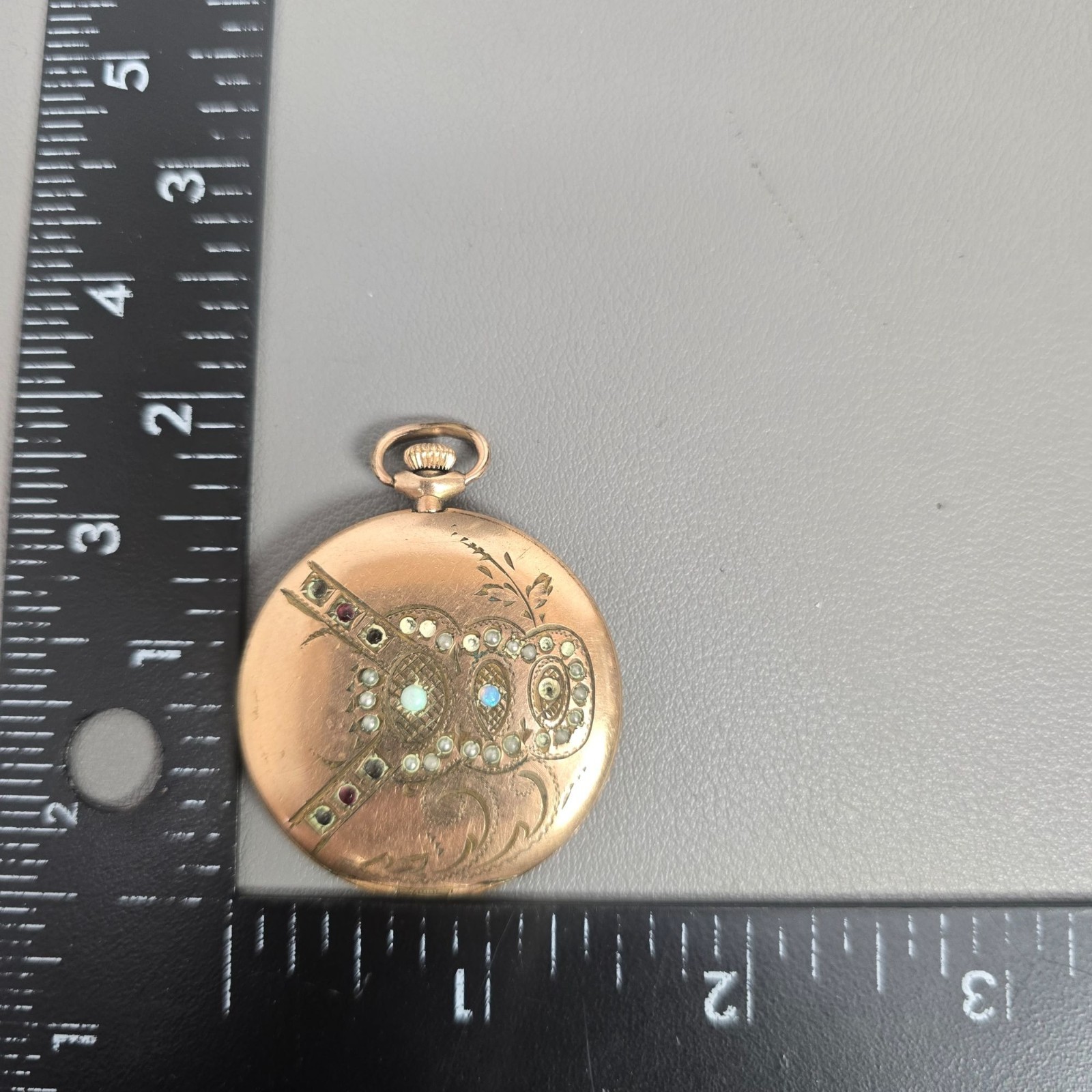 Victorian Gold-Filled/Gold-Plate Engraved Gemstone Photo Locket w/ Opal & Gems