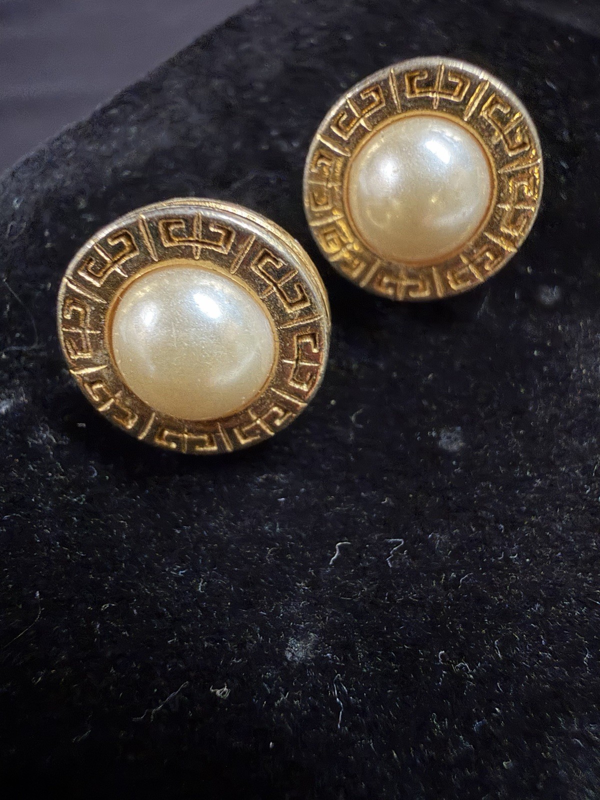 GIVENCHY Greek Key Logo Pattern Gold-Tone Faux Pearl Round Clip-On Earrings