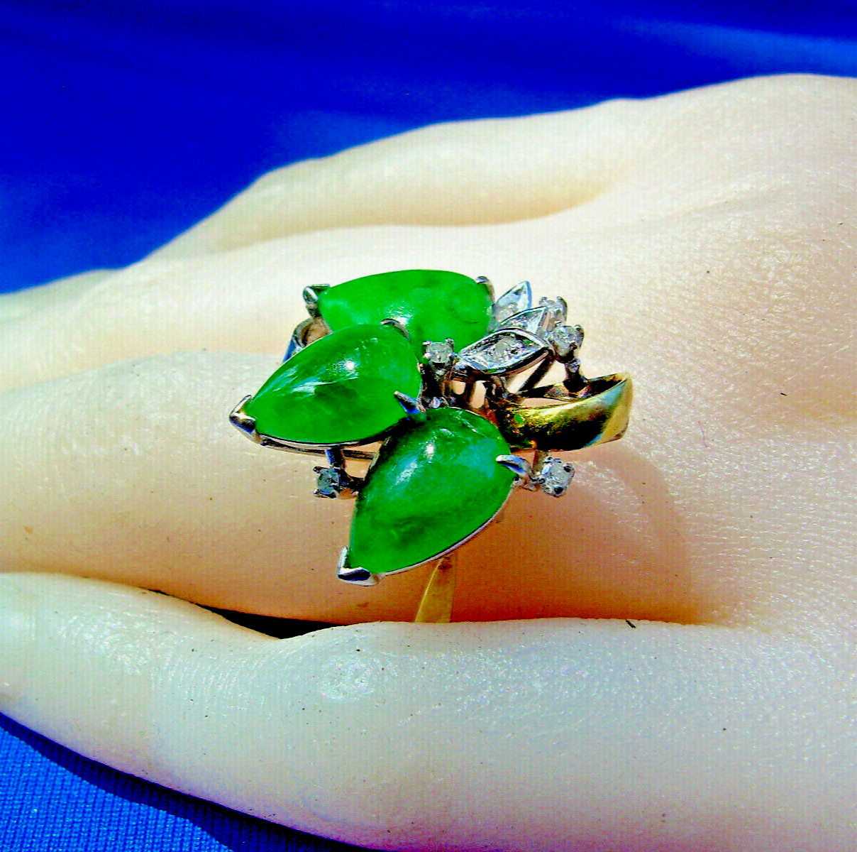 EARTH MINED Jadeite JADE Antique DIAMOND Ring Art Deco SOLID 14K GOLD Statement