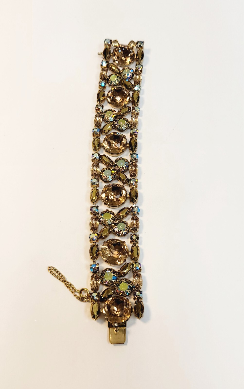 Vintage Schreiner Wide Bracelet Light Topaz AB Gold Rhinestones 7.5″