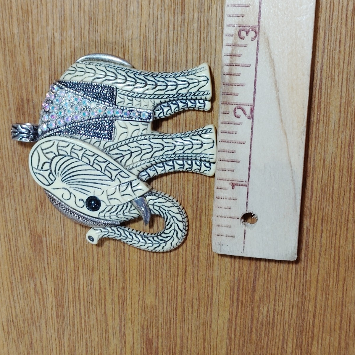 Carved African Elephant Pendant Rhinestones Silver Accents Large Jewelry
