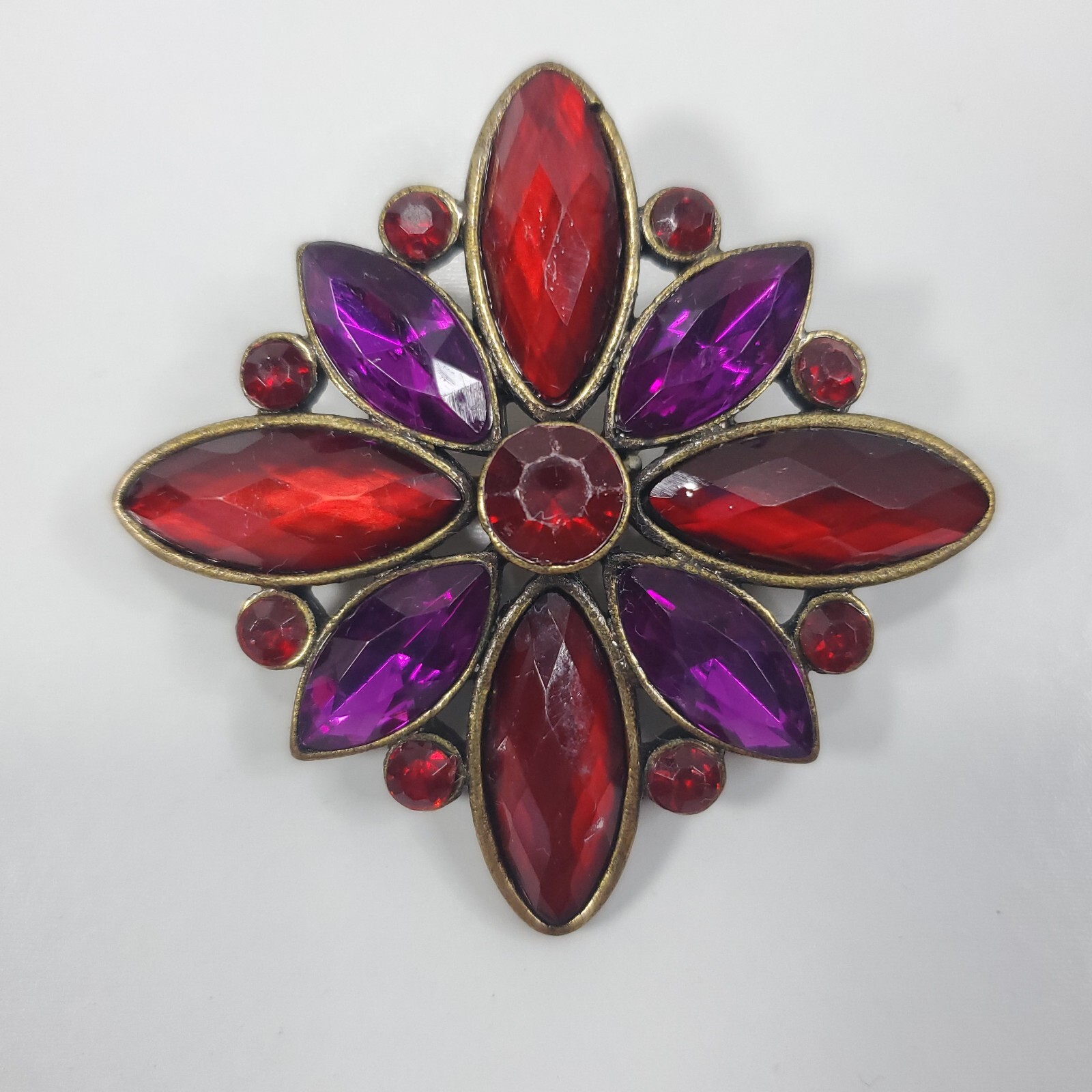 Vintage Brass Tone Red Purple Rhinestones Starburst Star Shape Pin Brooch