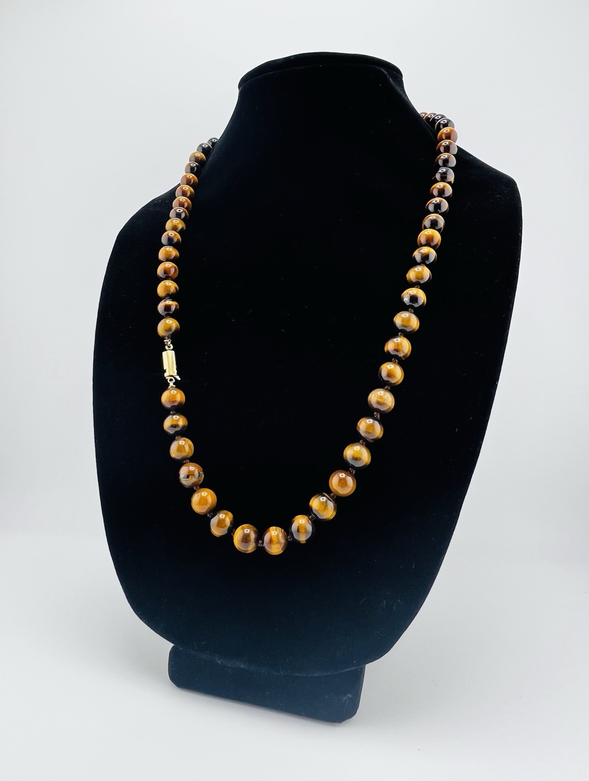VTG Estate Tiger’s Eye Hand-Knotted Necklace Gemstone Beads Barrel Hook Clasp