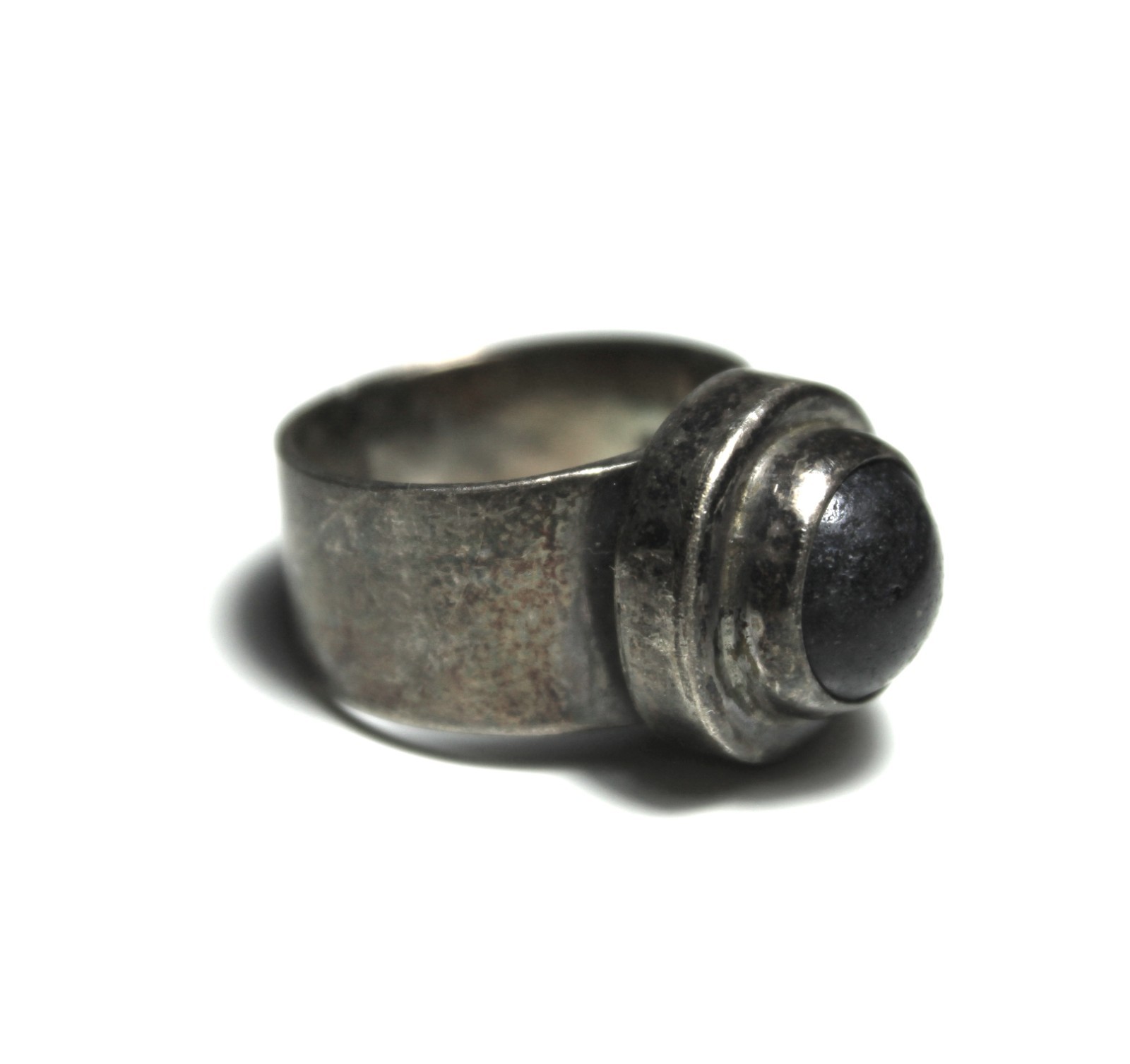 Vintage Peruvian 950 Silver Modernist Statement Ring Black Cabochon Size 7.25