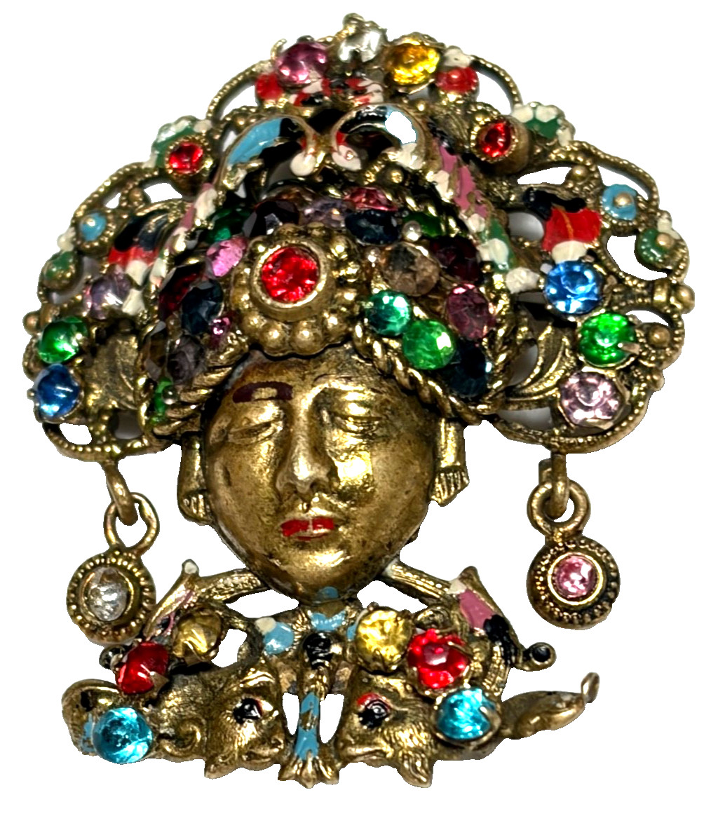 Antique Czech Art Deco Bohemian Glass Filigree Enamel Brooch Turban Sultan 1920s