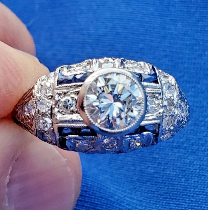 Original EARTH MINED DIAMOND Deco Engagement Ring Platinum Sapphire Solitaire 6