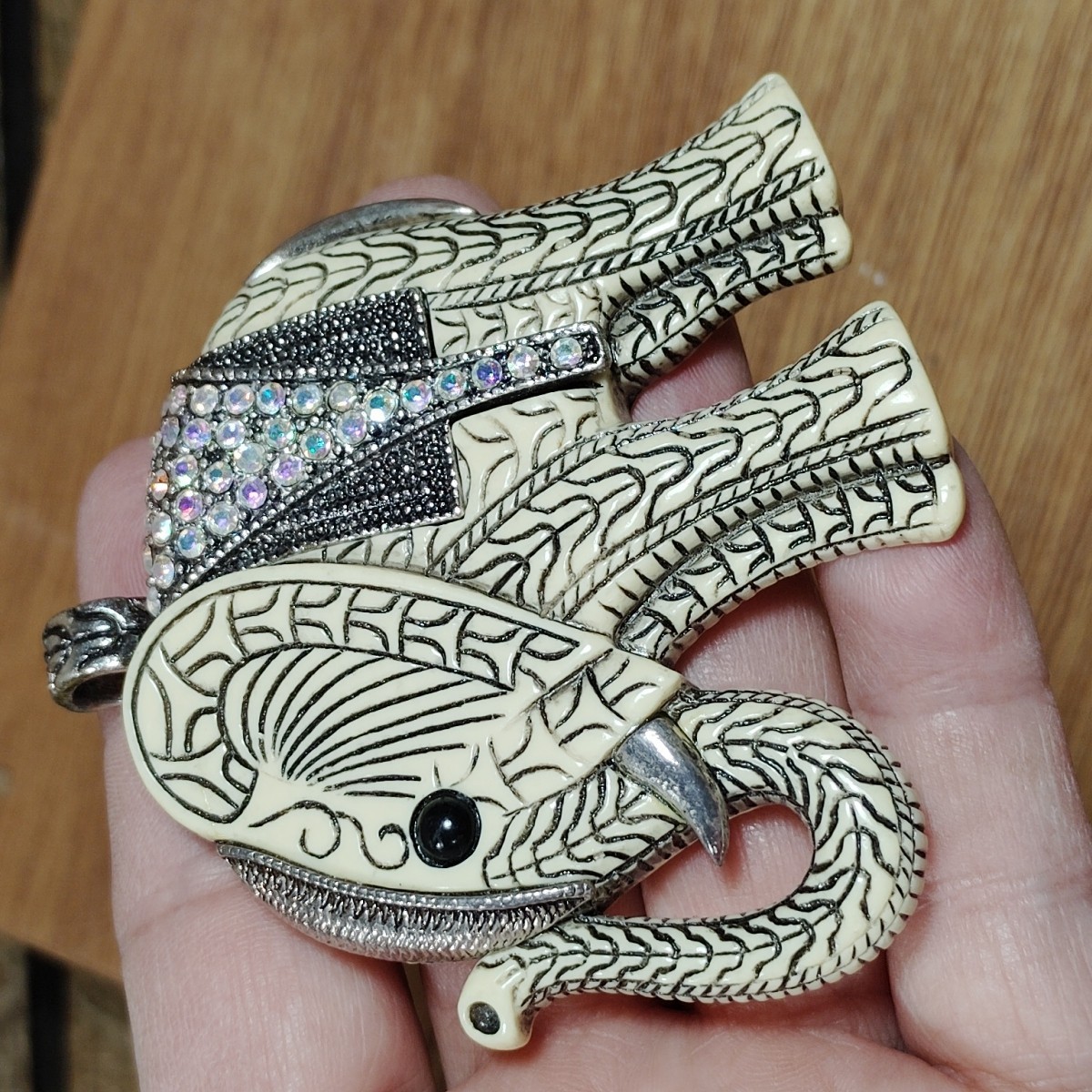 Carved African Elephant Pendant Rhinestones Silver Accents Large Jewelry