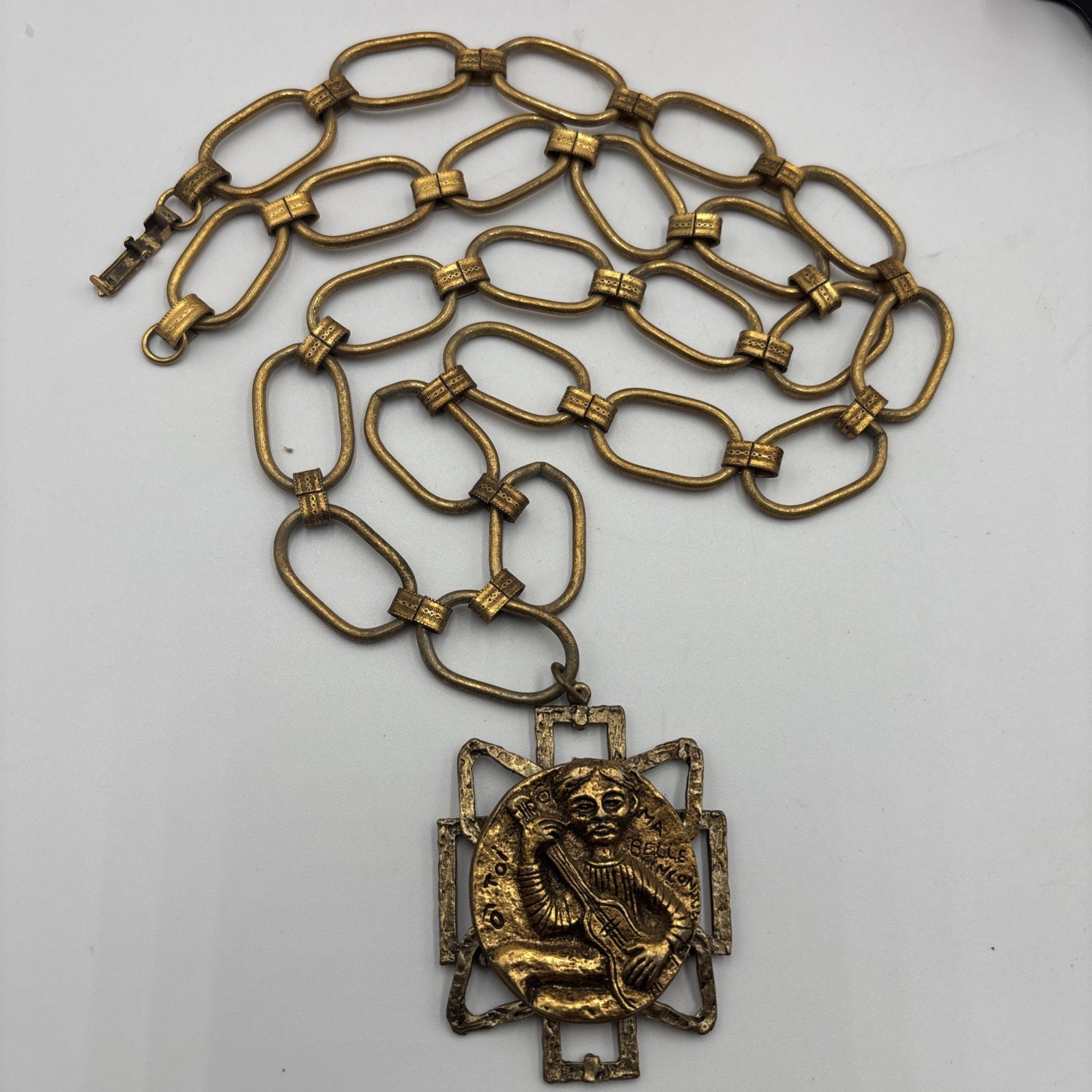 Vintage Signed ART Mode Art Brutalist Necklace Medallion Ma Belle Book Chain