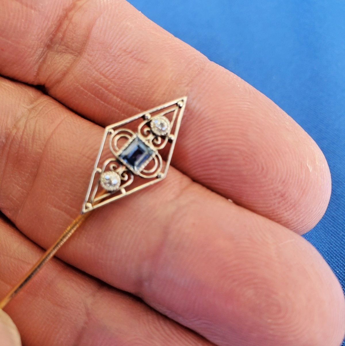 Original EARTH MINED Diamond Deco Pin 1920s Vintage Platinum Sapphire 14K GOLD