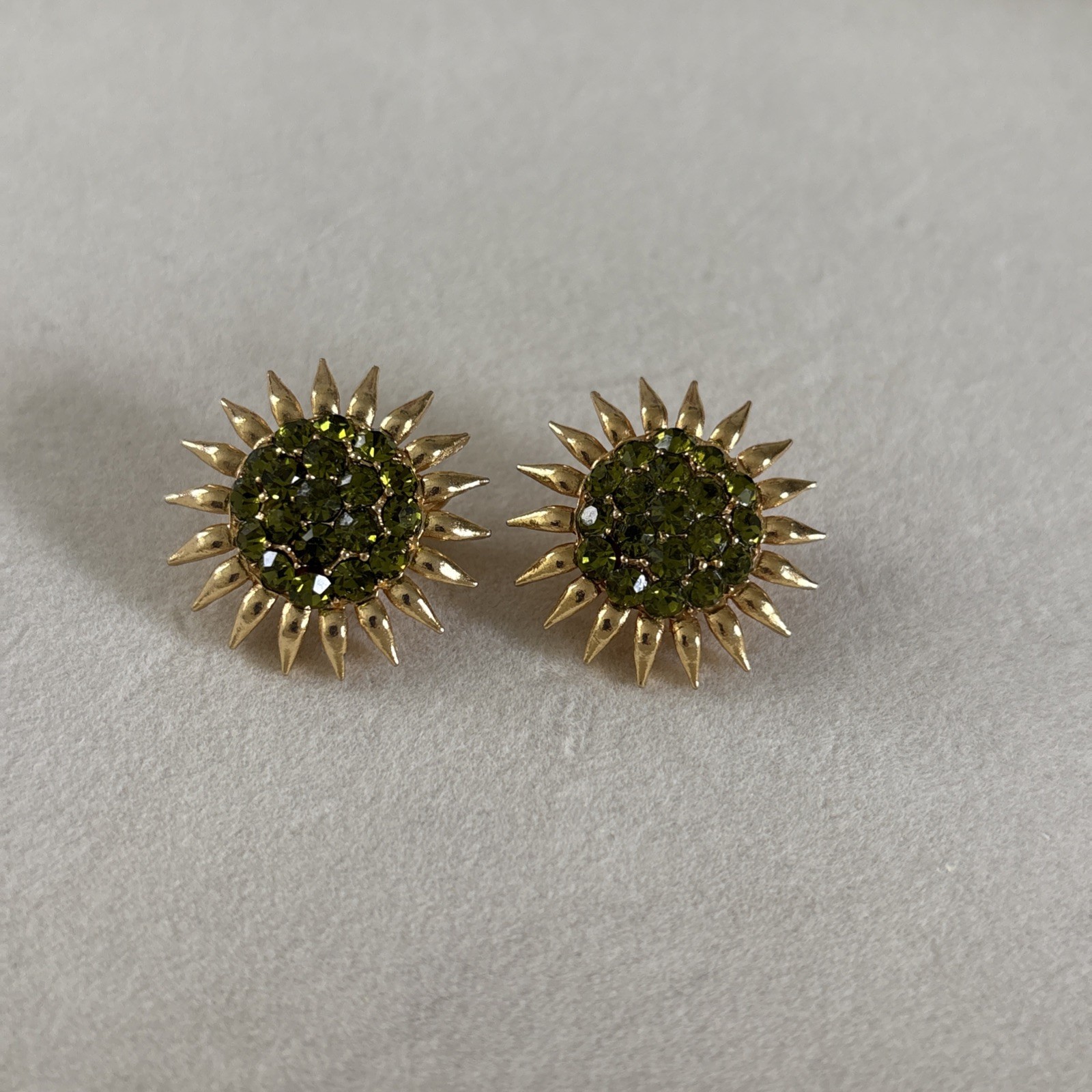 Vintage Green Rhinestones Gold Tone Sunflower Clip On Earrings MCM Statement