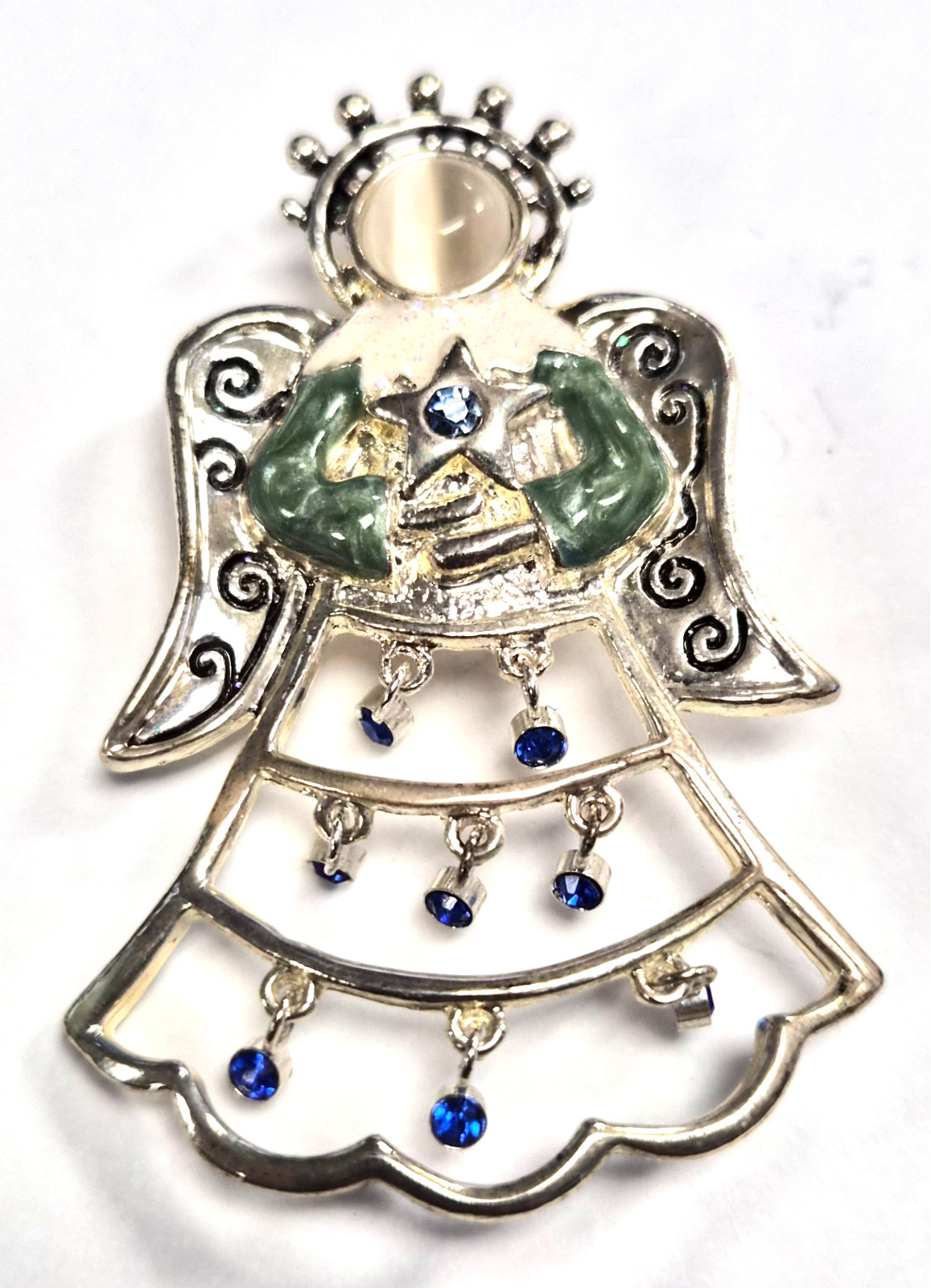 Estate Christmas Holiday Angel With Wings Blue Rhinestone Dangles Pin / Brooch