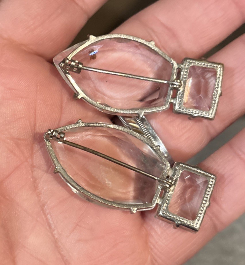 Vintage Pair Of Deco Czech? Clear Crystal Pin Brooch Silver Tone