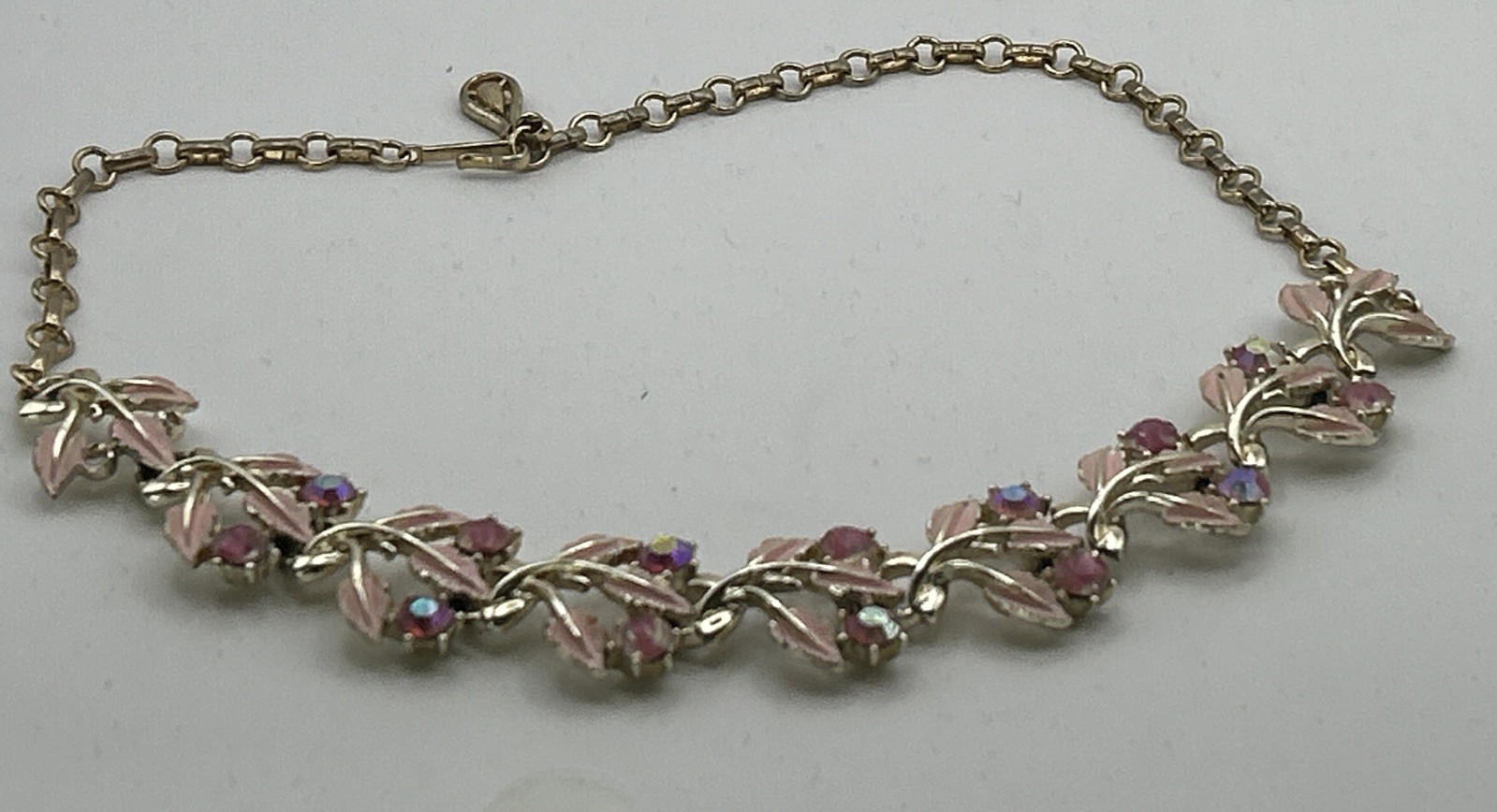Coro Necklace Mid-Century Gold Pink Leaves W/ Pink Rhinestone Flowers Choker