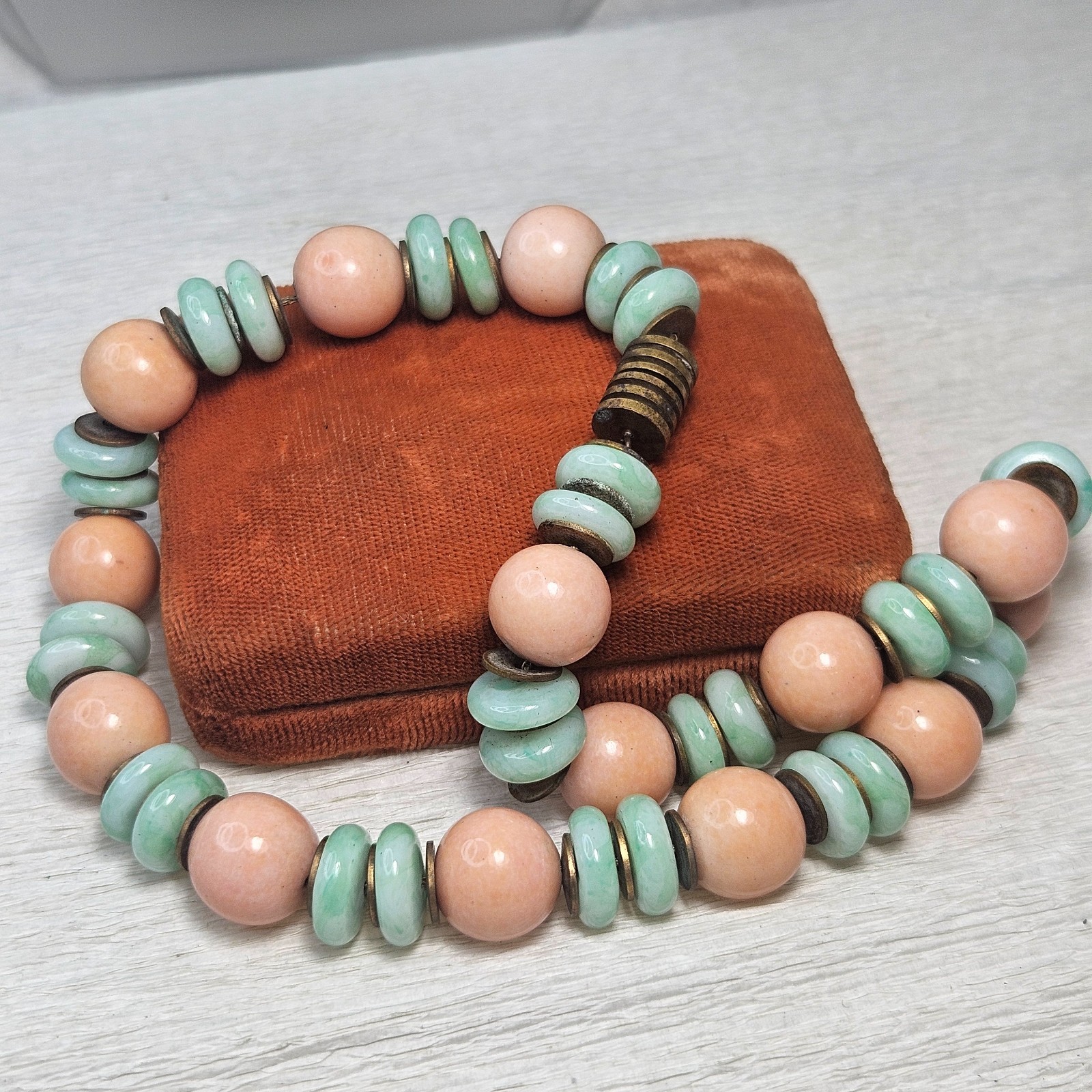 Confirmed ROUSSELET Peach & UV Marbled Green w Brass Discs Glass Bead Necklace