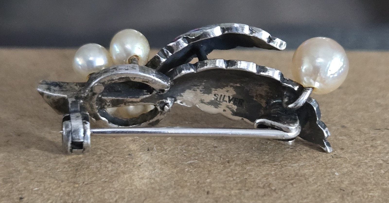 Vtg Japanese Export Sterling Silver Akoya Pearl Leaf Brooch Pin Mikimoto Style