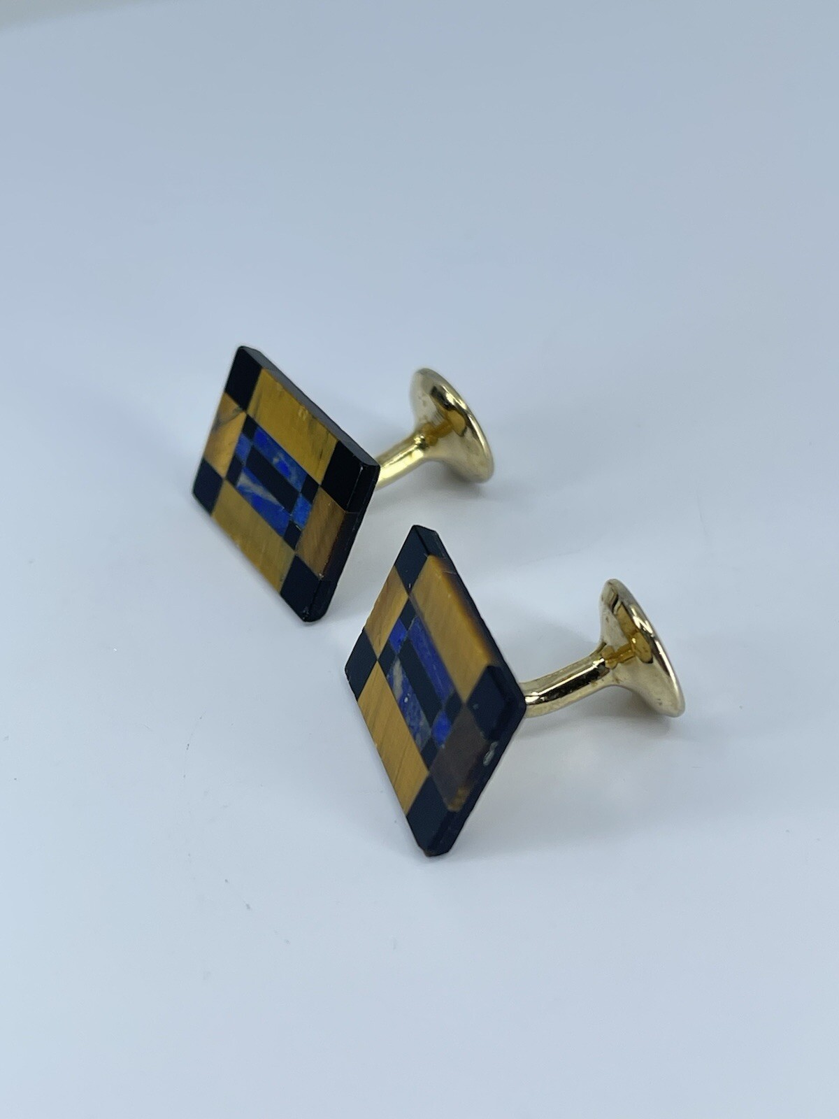 Vintage Onyx Lapis Tigers eye rectangle cufflinks polished gold tone fixed backs