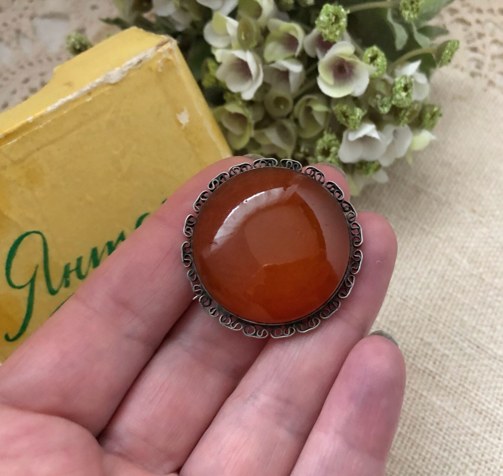 Estate Jewelry Rare Soviet Vintage Brooch Sterling Silver 875 Amber Stone USSR