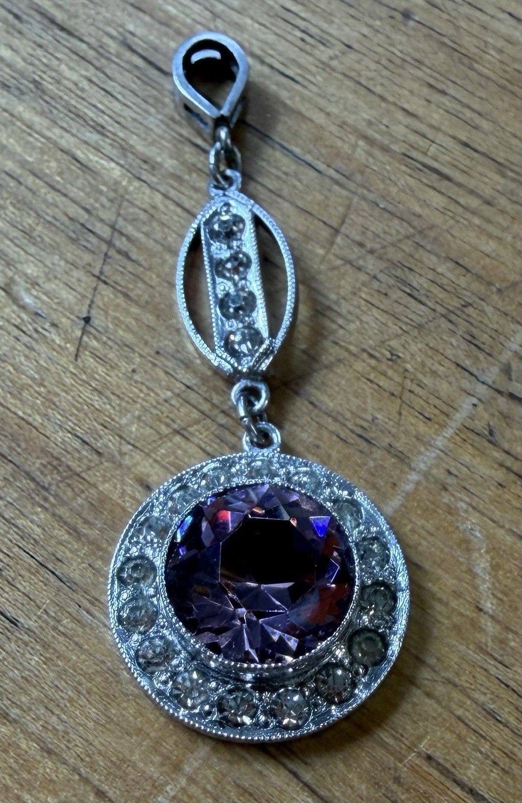 Sterling Silver Faceted Amethyst Dangle Drop Pendant 1.5” 3g Authentic Art Deco