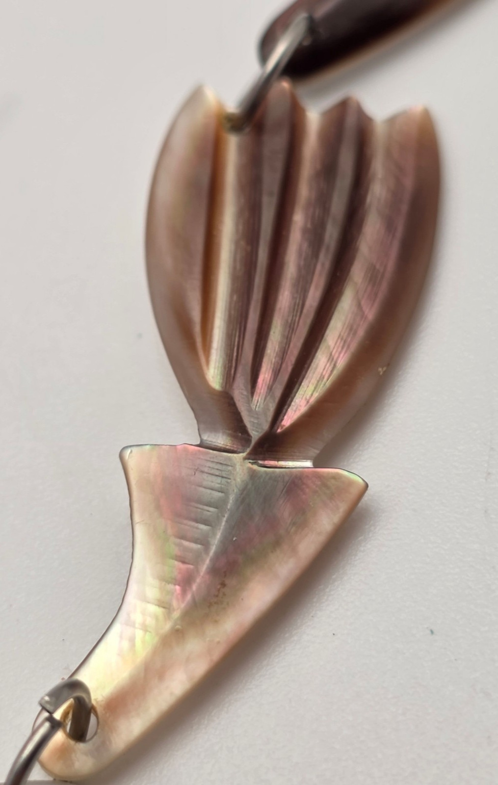 Vintage Black Lip Mother Of Pearl Shell Necklace Carved Fan Link 20 In Tropical