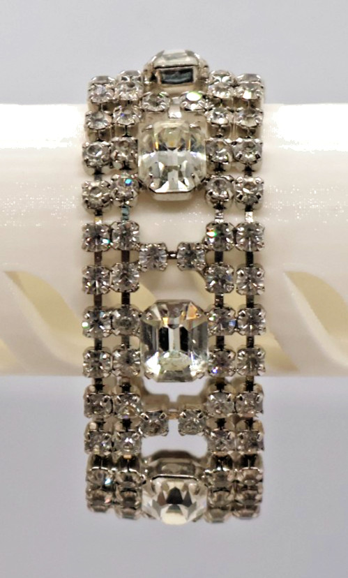 Vintage Rhinestone Bracelet w/ Multiple Rows of Rhinestones & Large Square Ones