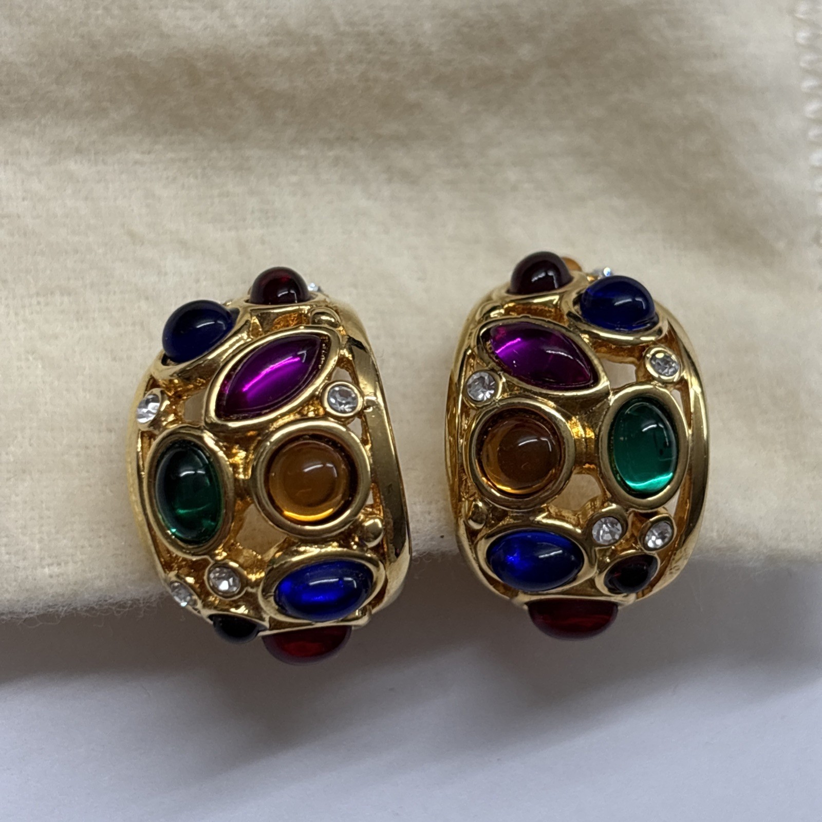 Vtg Franch Multicolor Cabachon Big Moon Gripoix Mogul Hoop Earrings Clip On RARE