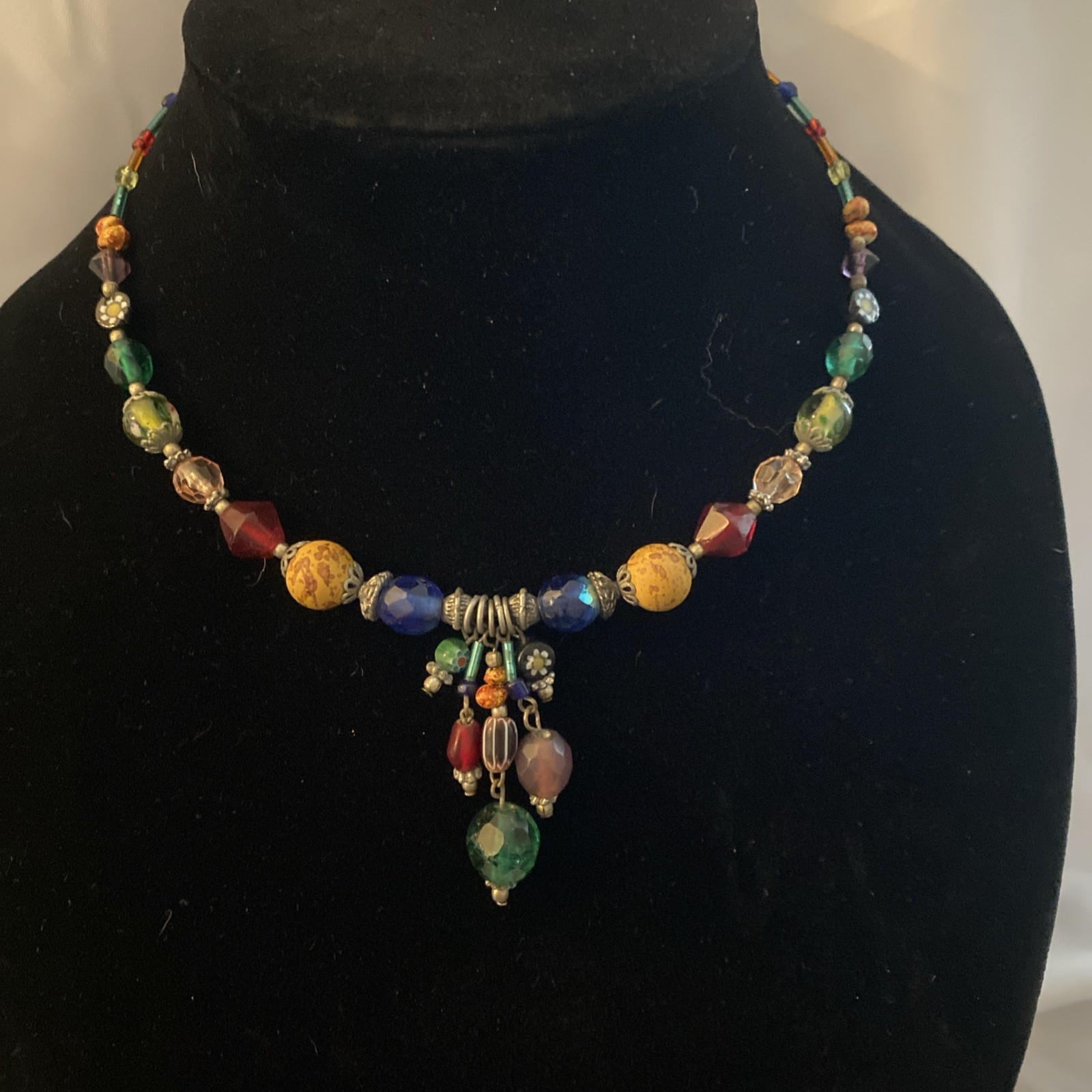Multicolored glass boho memory wire choker necklace