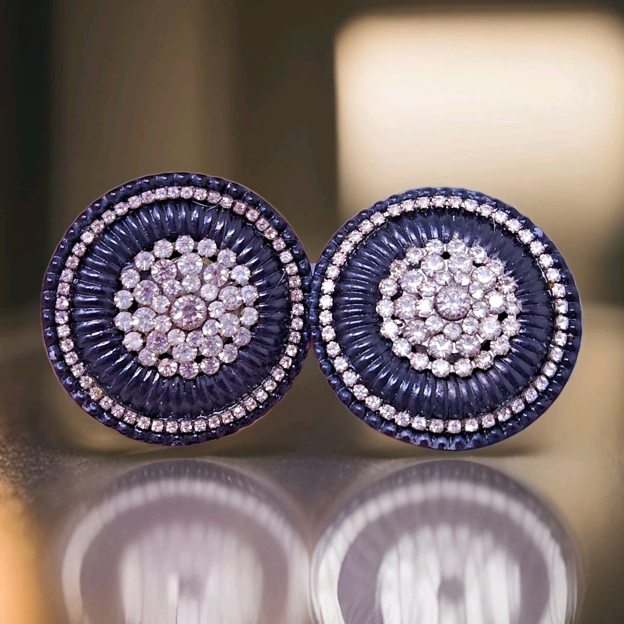 Vintage Jeff Lieb White Rhinestone Black Lucite Round Clip on Earrings