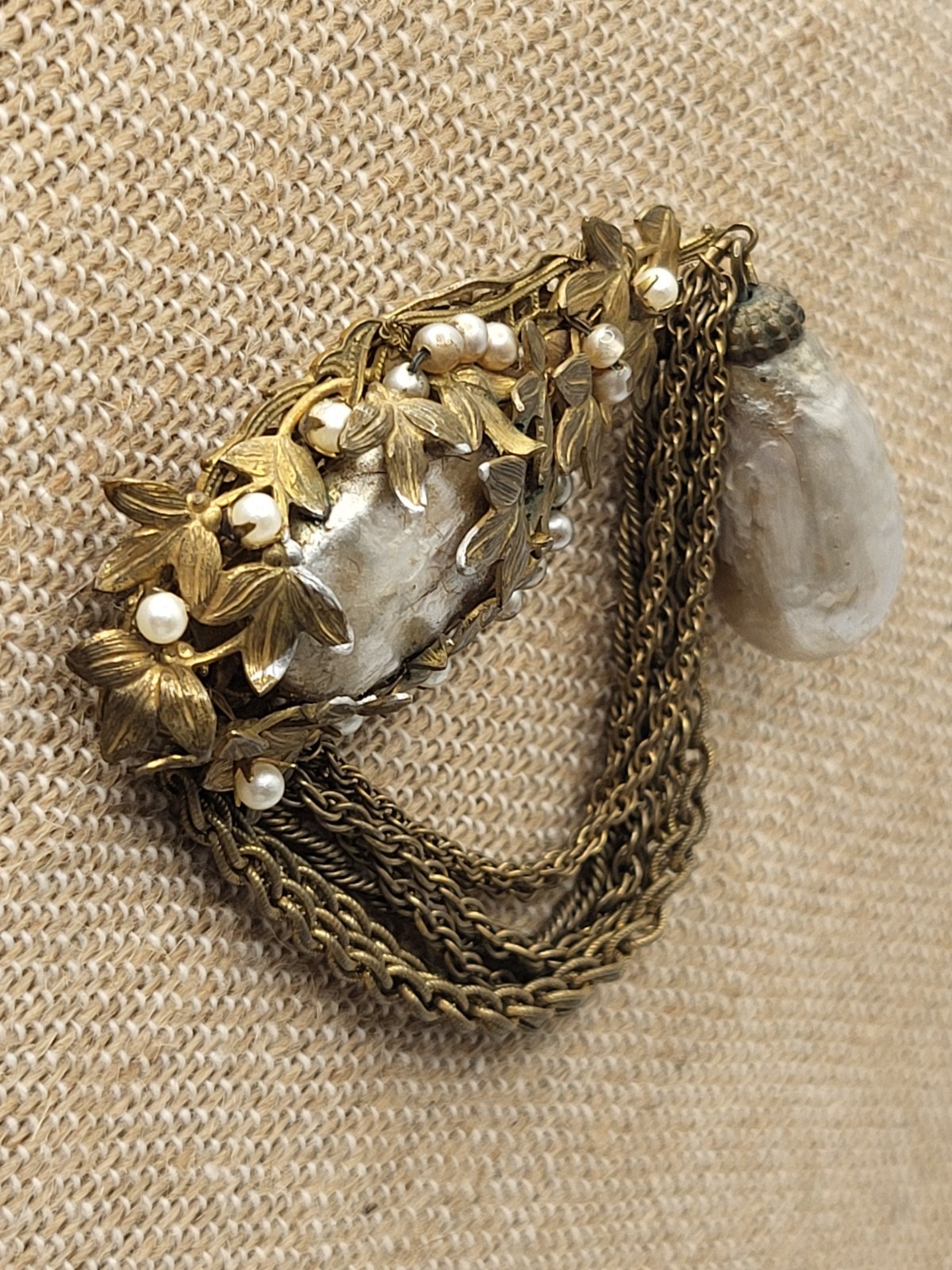 Signed MIRIAM HASKELL Art Nouveau Gold Plate Filigree Baroque Faux Pearl Brooch