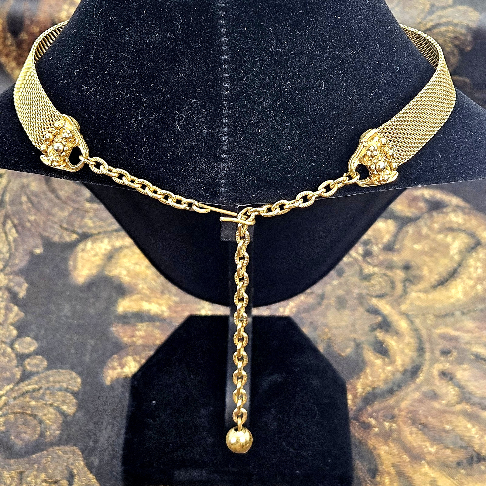 Victorian Revival Gold Tone Mesh Choker Faux Pearl Black Rhinestone Necklace