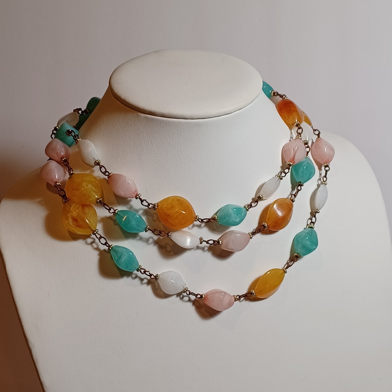 Pastel Marbled Plastic Resin Vtg Bead Chain Necklace 54in Pink, Mint, Amber, Wht