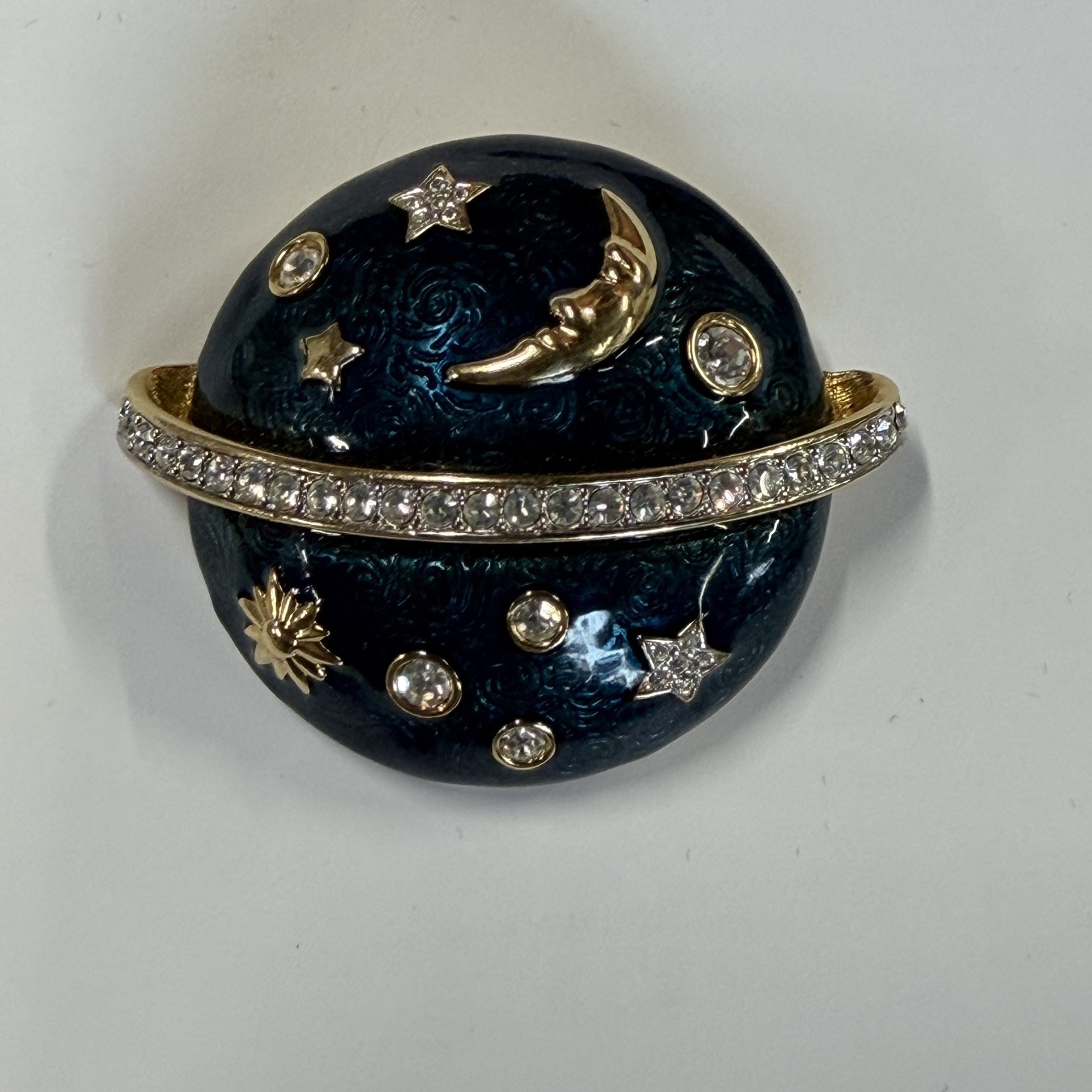 Swarovski Celestial Moon & Stars Blue Enamel, Signed Crystal Dome Brooch Pin.