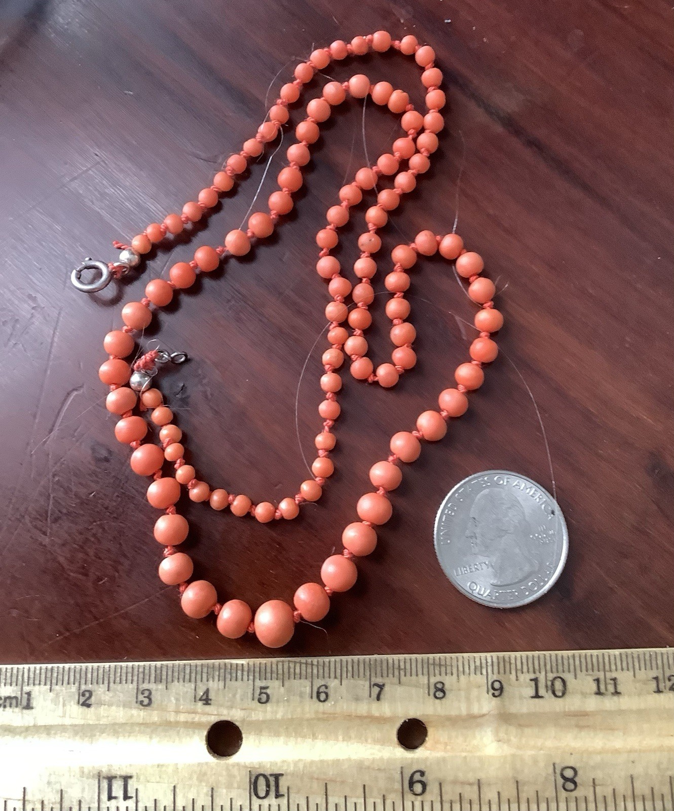 Antique Georgian Victorian Graduated Coral Bead Necklace Silver Clasp Knotted