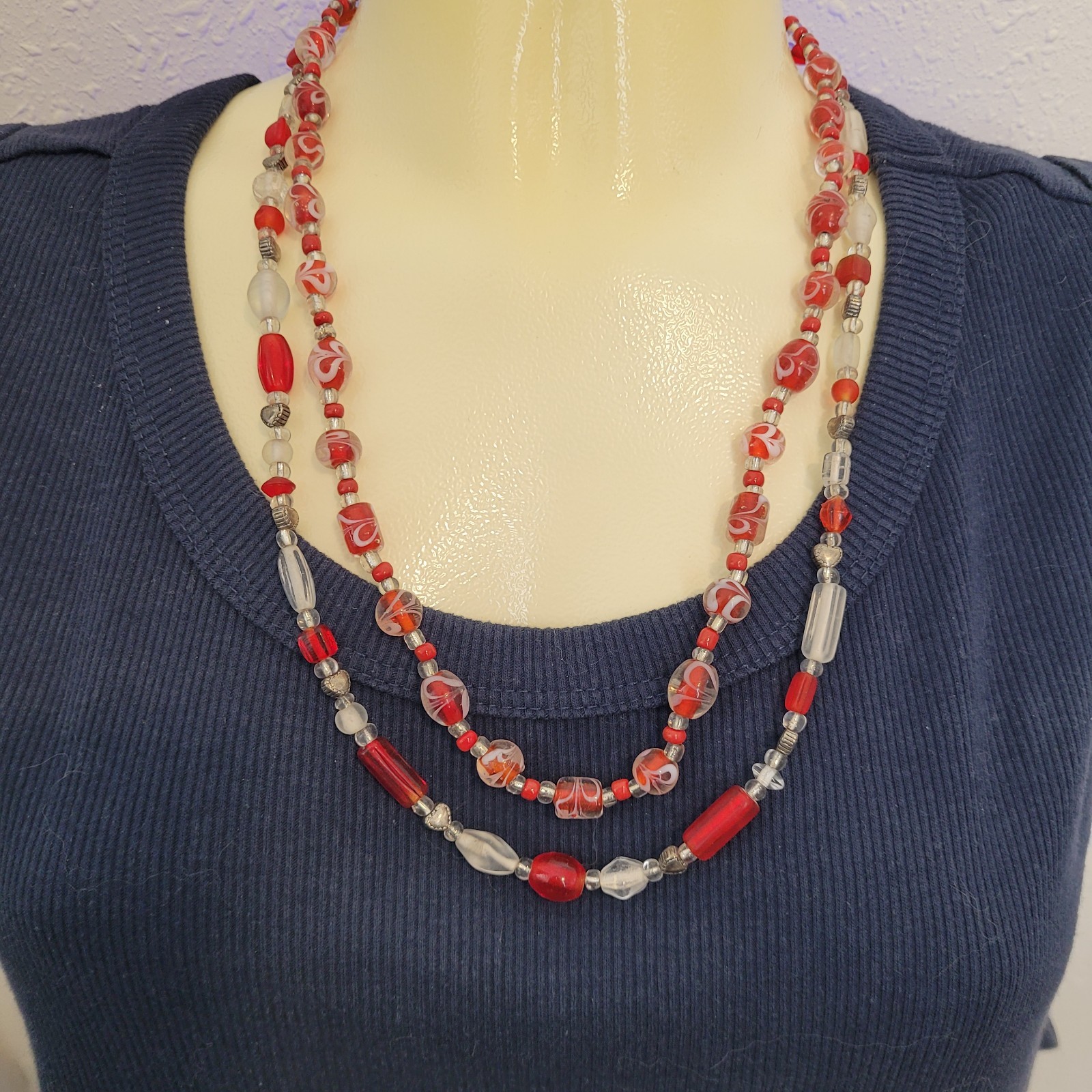 Vintage Red Clear Glass Bead Necklaces 21″ and 23″