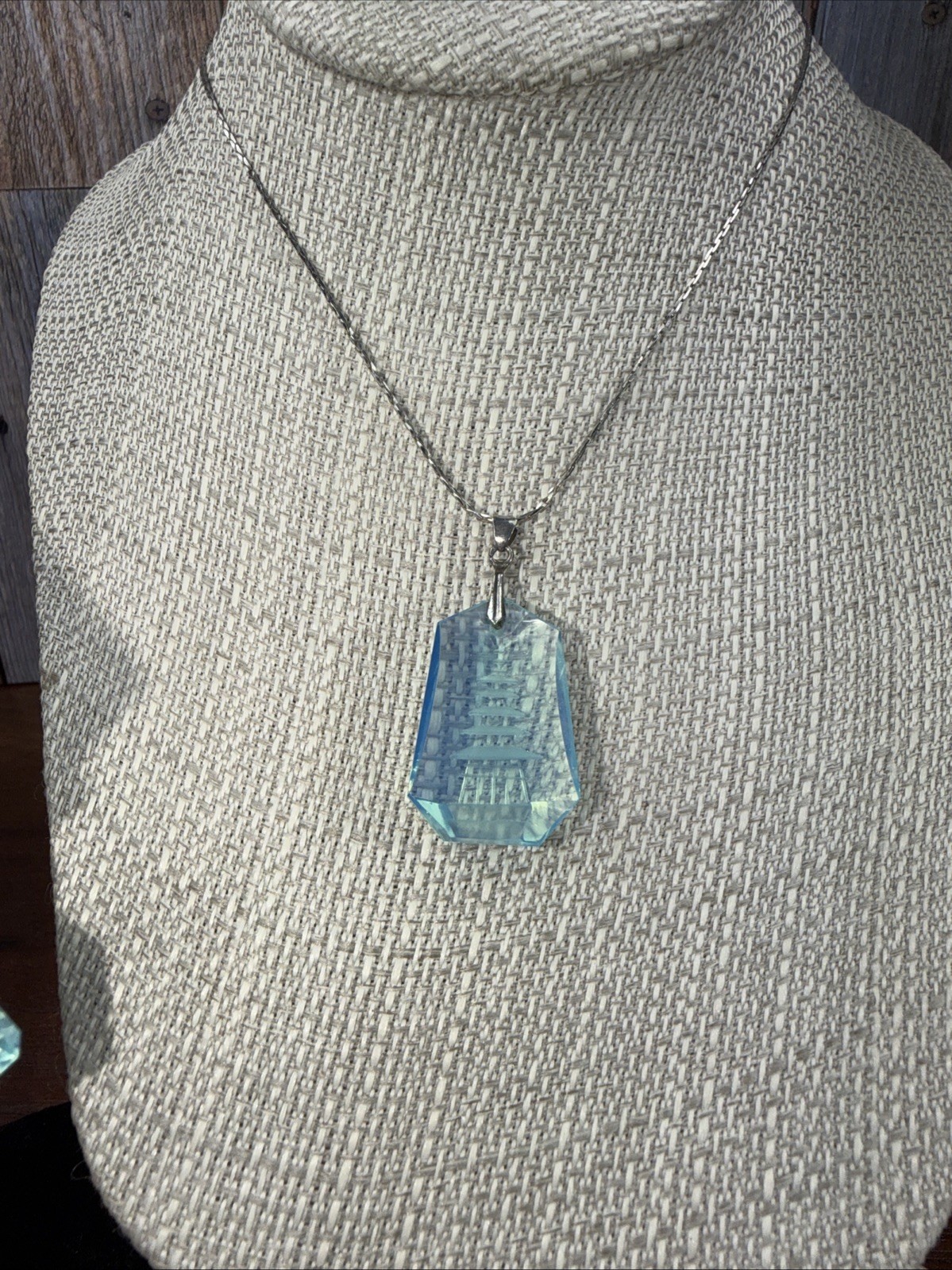 Opaline Blue Glass Japanese Pagoda Necklace & Earrings Set reverse carved