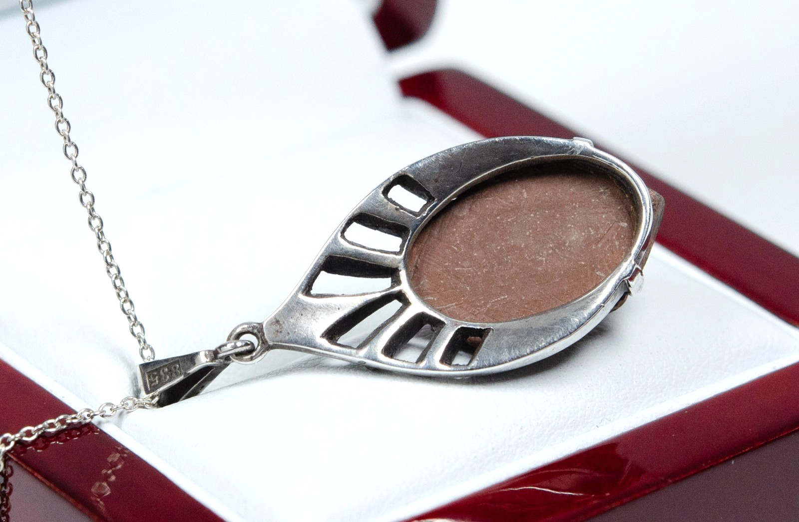 835 Silver – Antique Art Deco Pendant – Lava Stone Cameo – Marcasite