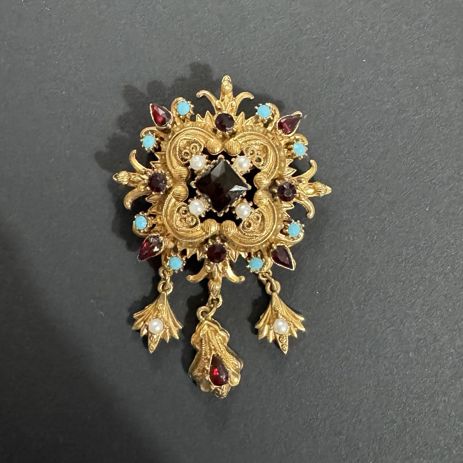 Vintage FLORENZA Signed Brooch Earrings Set Renaissance Revival Demi Parure