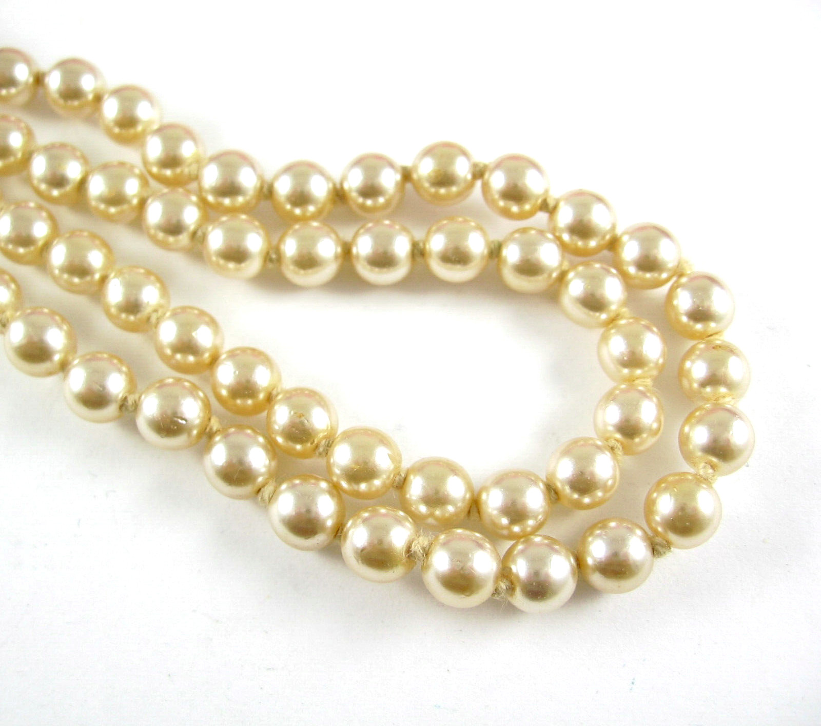 Necklace GLASS FAUX PEARL BEADS Imitation 2 Double Strand Vintage Beaded Knotted