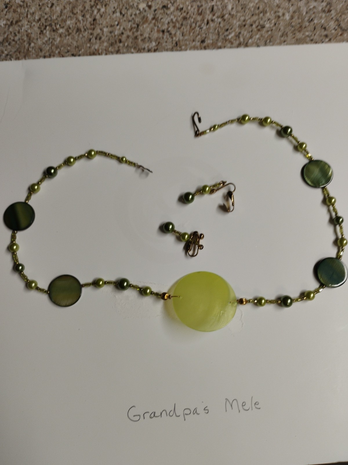 Green Shell and Green Mother Off Pearl Pendant Green Pearl 20″None Pierced Earri