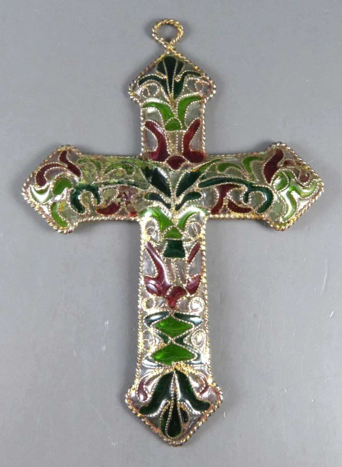 VTG PLIQUE A JOUR CROSS Green Gold Burgundy CLOISONNE GLASS Pendant Ornament