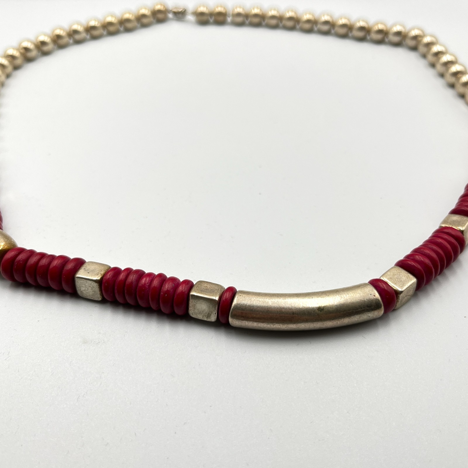 Vintage Southwestern Gold Tone Bead & Red Disc Heishi Statement Necklace Classic