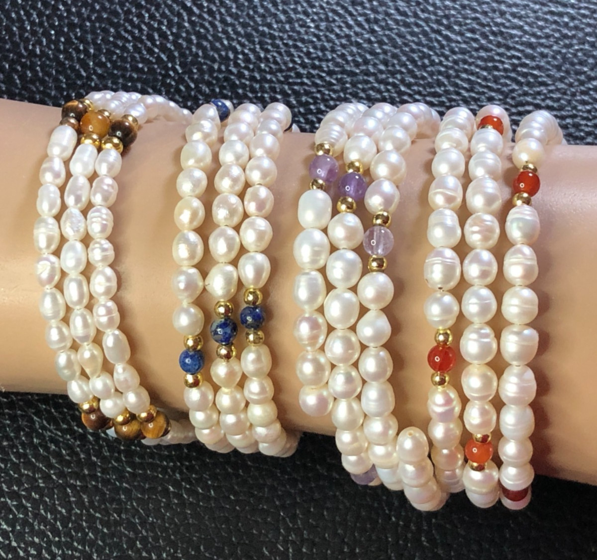 Vintage Genuine Cultured Pearl Wrap Bracelet Set Real Natural Gemstones 4pcs P14