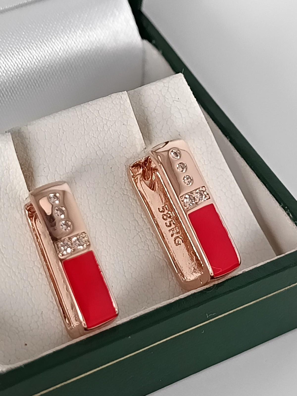 Vintage 1990-s 14 Ct Rolled Gold Zircons/Red Enamel Earrings-Hallmarked 585 RG