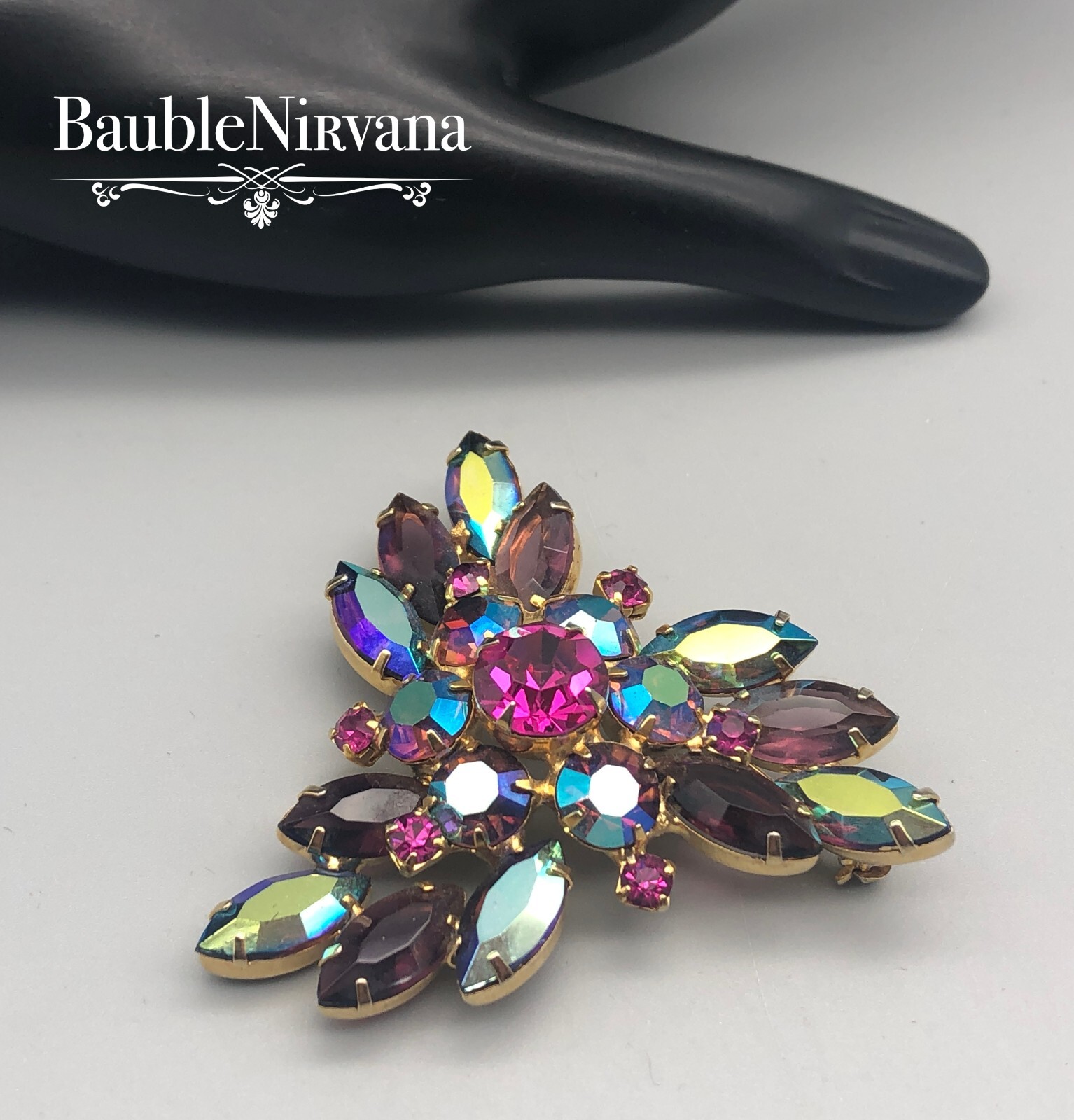 Vintage Juliana Prong Set Raspberry Purple Iridescent AB Triangle Brooch Pin